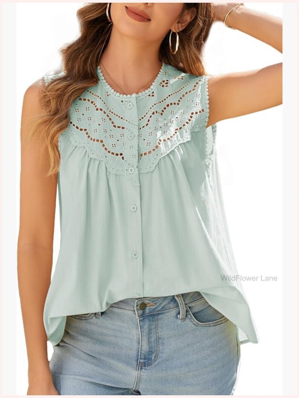 Sleeveless Lace Trimmed Ruched Tank Top Summer Boho Button Down Shirt